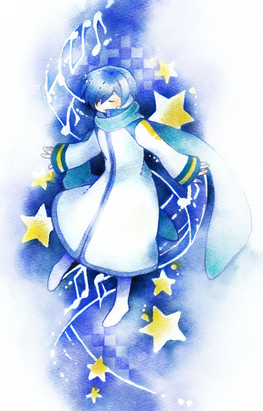 absurdres blue_hair blue_scarf closed_eyes full_body highres kaito kurotennsi male_focus musical_note pastel_(medium) scarf solo star traditional_media vocaloid watercolor_(medium)