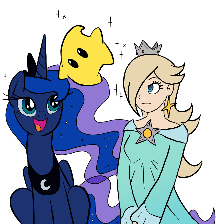 2014 absurd_res alpha_channel crossover cute equine female feral friendship_is_magic hi_res horn horse human mammal mario_bros my_little_pony nintendo pony princess_luna_(mlp) princess_rosalina redapropos smile video_games winged_unicorn wings