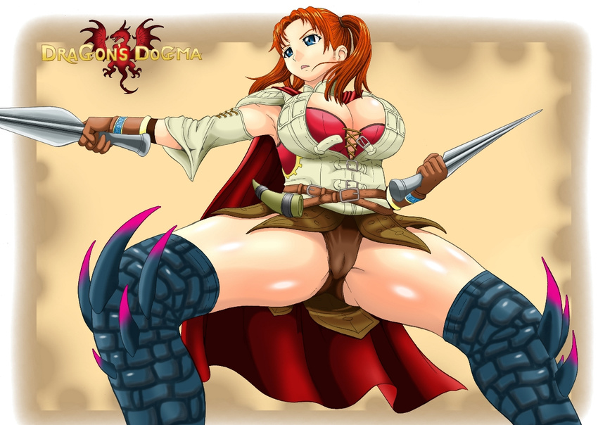 blue_eyes boots breasts cape cleavage corset dagger detached_sleeves dragon's_dogma dual_wielding faulds fighting_stance gloves holding huge_nipples nukunuku_orange panties pantyshot red_hair shiny shiny_skin shoulder_pads solo spikes thick_thighs thigh_boots thighhighs thighs twintails underwear weapon