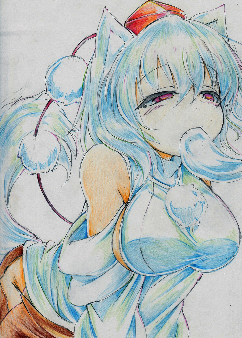 animal_ears bare_shoulders blush breasts colored_pencil_(medium) detached_sleeves eating fang food hat highres inubashiri_momiji kitazinger large_breasts mochi red_eyes short_hair solo tail tokin_hat touhou traditional_media wagashi white_hair wolf_ears wolf_tail