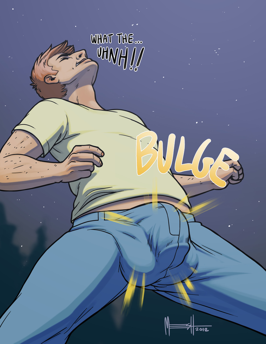 5_fingers biceps bulge chest clothed clothing comic dialog english_text fist grass hair human looking_down male mammal manly meesh muscles night not_furry orange_hair outside pants pecs plant shadow solo text transformation