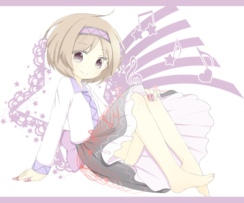 arm_support bad_id bad_pixiv_id barefoot beamed_eighth_notes blouse brown_hair eighth_note ellipsis_(mitei) full_body hairband hand_on_own_knee heart knees_up letterboxed long_sleeves looking_at_viewer musical_note pale_color purple_eyes quarter_note short_hair simple_background sitting skirt smile solo staff_(music) star touhou treble_clef tsukumo_yatsuhashi white_background