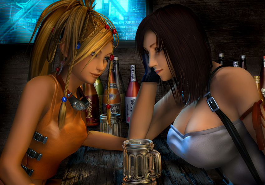 2girls 3d 3dbabes alcohol blonde_hair braid braids breasts brown_hair cleavage final_fantasy final_fantasy_vii final_fantasy_x gloves goggles green_eyes huge_breasts large_breasts multiple_girls rgbabes rikku table tifa_lockhart yuri