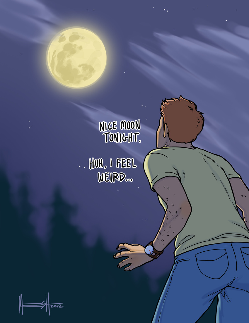 back_turned biceps chest clock clothed clothing comic dialog english_text fist full_moon grass hair human looking_up male mammal manly meesh moon muscles night not_furry orange_hair outside pants pecs plant shadow text