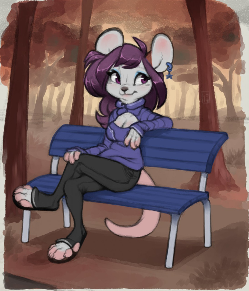 anthro breasts brown_fur cleavage cleavage_cutout clothed clothing ear_piercing female fully_clothed fur grey_fur hair keyhole_turtleneck mammal outside park_bench piercing purple_eyes purple_hair reign-2004 rodent solo star sweater tree