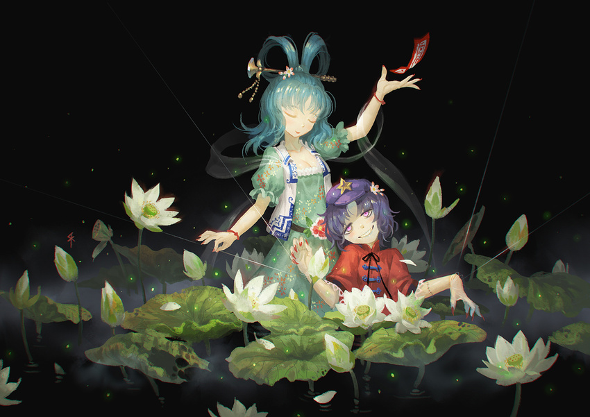 arm_up bad_id bad_pixiv_id belt black_background blue_hair bracelet closed_eyes dress fingernails fireflies flower grin hagoromo hair_flower hair_ornament hair_rings hair_stick hat head_tilt jewelry kaku_seiga light_smile lily_(flower) lily_pad looking_at_viewer miyako_yoshika multiple_girls nail_polish ofuda ofuda_removed pink_eyes puffy_short_sleeves puffy_sleeves puppet_strings seeker sharp_fingernails shawl short_hair short_sleeves simple_background smile star stitches touhou vest