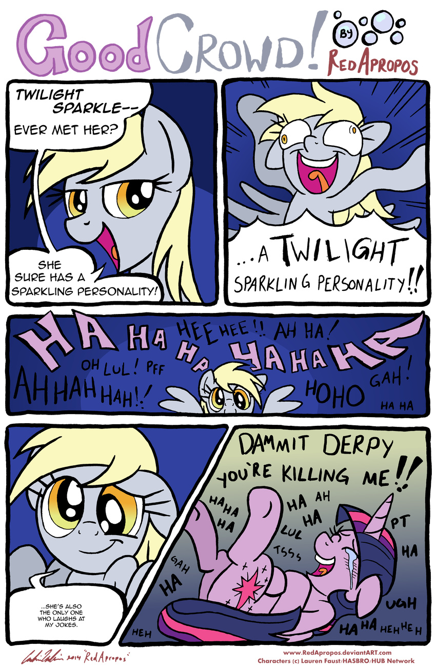 absurd_res amber_eyes blonde_hair comic cute cutie_mark derp derp_eyes derpy_hooves_(mlp) dialog english_text equine female feral friendship_is_magic hair hi_res horn horse laugh mammal my_little_pony pegasus pony purple_eyes redapropos shrug tears text twilight_sparkle_(mlp) winged_unicorn wings yellow_eyes