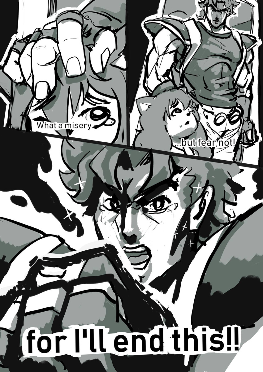 2019 angry anthro biceps black_and_white canine child clothed clothing comic crying dialogue digital_media_(artwork) english_text female fist fox fur fur_(theterm) hair head_pat hi_res human jojo's_bizarre_adventure jonathan_joestar looking_at_viewer male mammal monochrome muscular muscular_male open_mouth pecs pose tears teeth text unknown_artist young