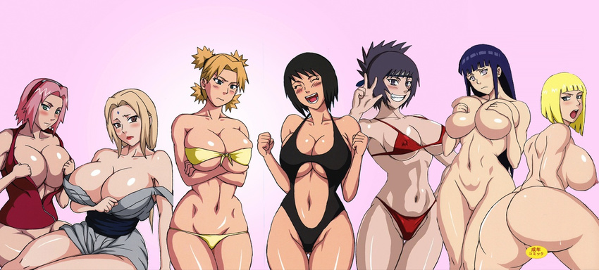 6+girls breasts censored haruno_sakura huge_breasts hyuuga_hinata mitarashi_anko multiple_girls naruho naruto naruto_shippuuden nude samui shizune shizune_(naruto) swimsuit temari tsunade