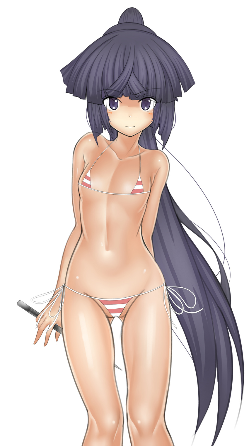 :| absurdres akatsuki_(log_horizon) arms_behind_back bangs bikini blue_eyes blue_hair blunt_bangs blush closed_mouth flat_chest groin high_ponytail highres holding horororo log_horizon long_hair looking_at_viewer lowleg lowleg_bikini micro_bikini navel ponytail red_bikini side-tie_bikini slender_waist solo standing string_bikini striped striped_bikini swimsuit tan very_long_hair weapon white_bikini