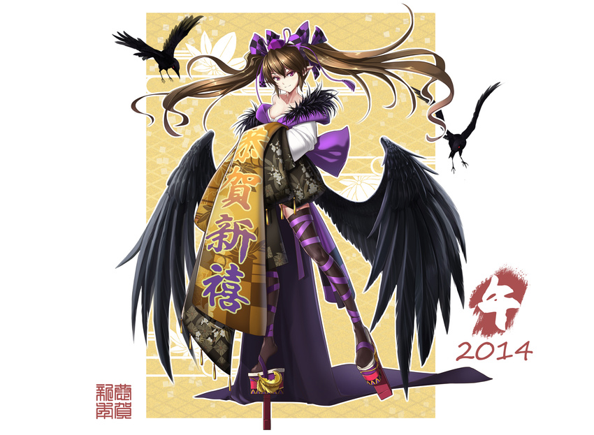 animal bird brown_hair himekaidou_hatate japanese_clothes long_hair pointed_ears purple_eyes shinebell thighhighs touhou twintails wings