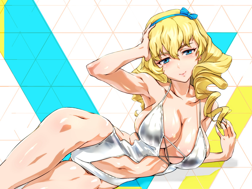 blonde_hair blue_eyes breasts center_opening dokiyuri drill_hair hairband hand_on_own_head highres kakumeiki_valvrave large_breasts long_hair navel ninomiya_takahi smile solo swimsuit thigh_gap