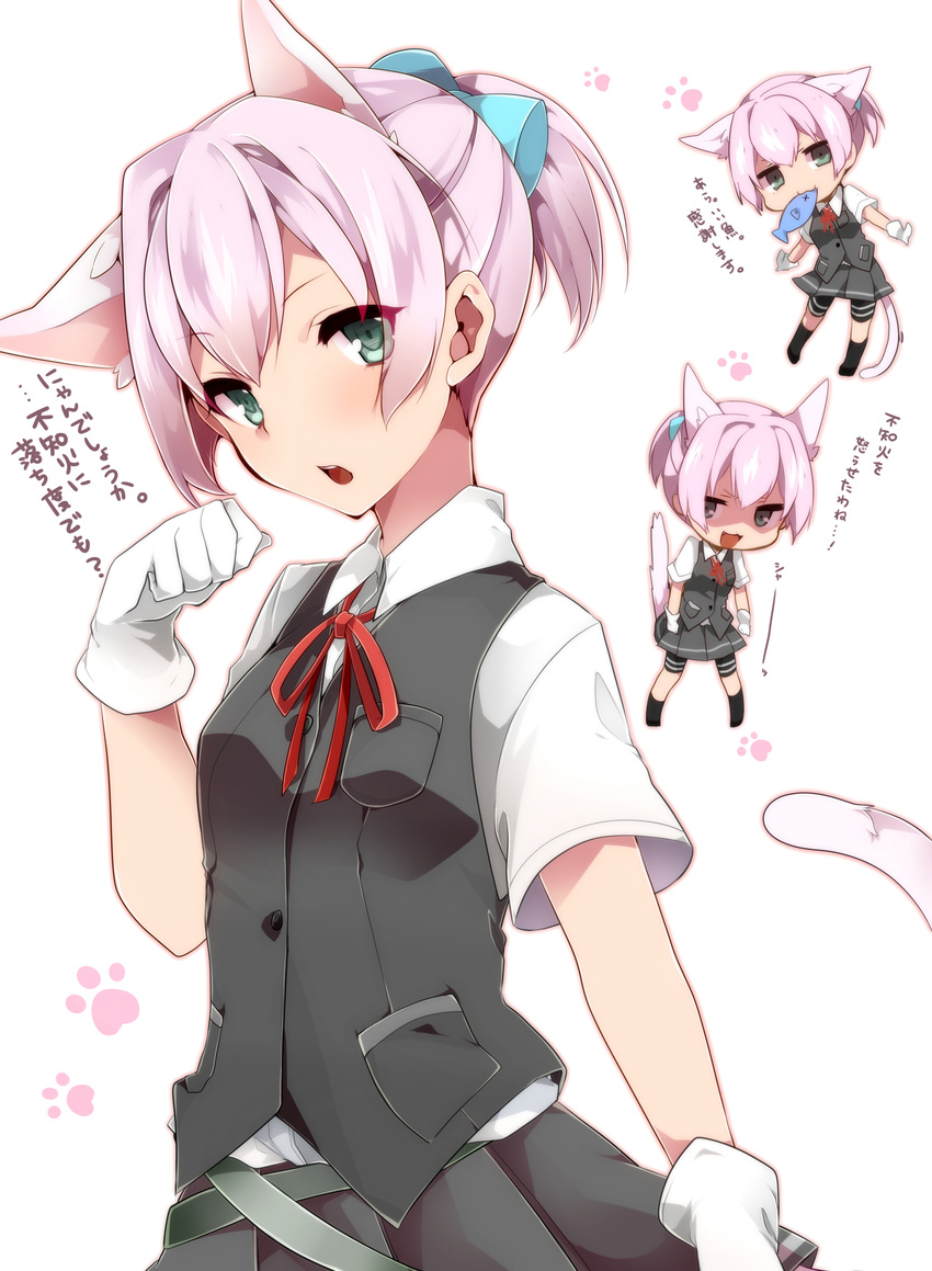 :3 :d absurdres animal_ears bike_shorts buttons cat_ears cat_tail chibi collared_shirt evil_smile fish gloves green_eyes green_skirt highres kantai_collection kemonomimi_mode looking_at_viewer mouth_hold neck_ribbon open_mouth petite pink_hair pleated_skirt red_neckwear red_ribbon ribbon shaded_face shiranui_(kantai_collection) shirt short_ponytail short_sleeves shorts shorts_under_skirt simple_background skirt smile solo tail takeshima_(nia) translated v-shaped_eyebrows vest white_background white_gloves