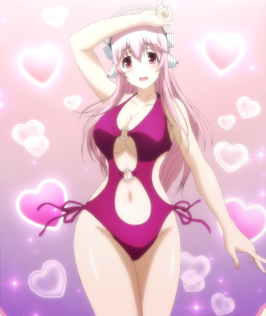 blush breasts cleavage headphones heart highres long_hair pink_eyes pink_hair screencap solo stitched super_sonico swimsuit third-party_edit