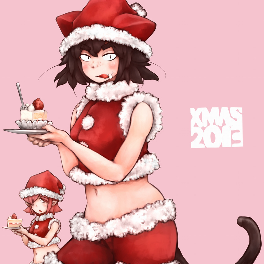 2girls black_hair cake cat_tail christmas cream cream_on_face crop_top eyebrows food food_on_face fork freckles fruit hair_over_one_eye hat highres licking midriff multiple_girls original pink_hair san_mamiya santa_costume santa_hat shorts sleeveless slit_pupils solo_focus strawberry tail thick_eyebrows