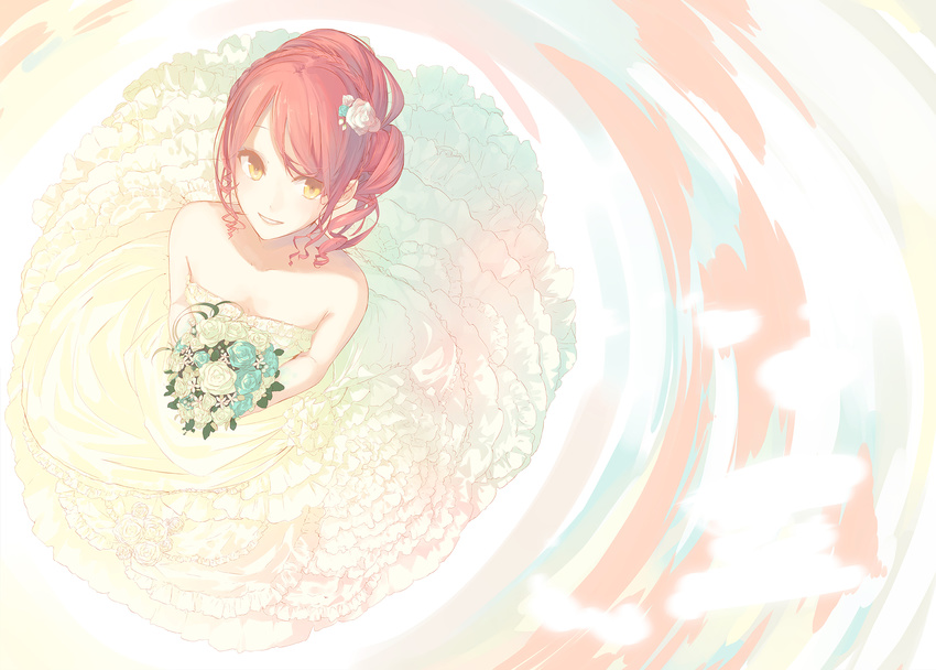 bare_shoulders bouquet bride dress flower frills from_above hair_flower hair_ornament highres la-na looking_up original red_hair smile solo too_many too_many_frills wedding_dress yellow_eyes
