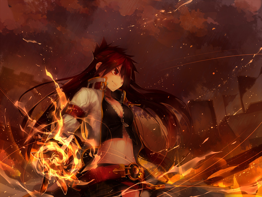 belt blazing_heart_(elsword) breasts brown_hair cleavage cowboy_shot crop_top elesis_(elsword) elsword fire floating_hair from_below hair_over_one_eye highres long_hair magic malmaron medium_breasts midriff navel outdoors partially_unzipped red_eyes smile solo standing stomach very_long_hair