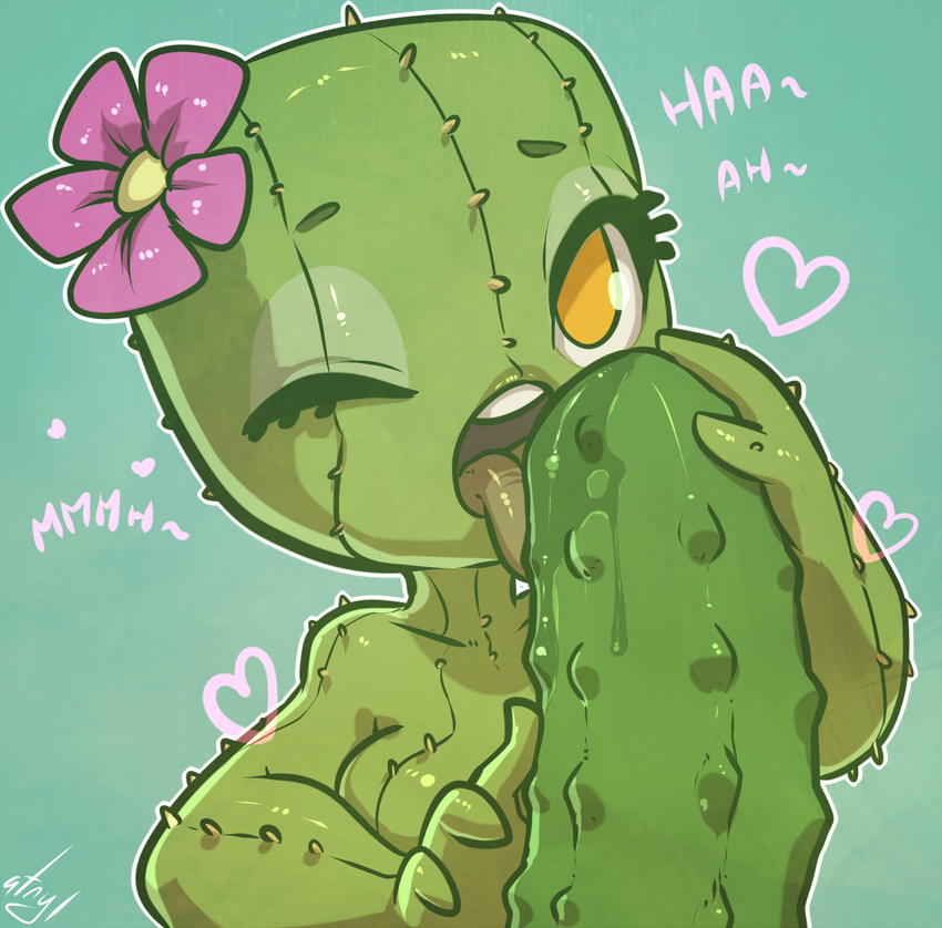 atryl breasts cactus dizzy_the_cactus female flora_fauna flower licking one_eye_closed phallic pickle plain_background plant solo spikes suggestive text tongue wink yellow_eyes