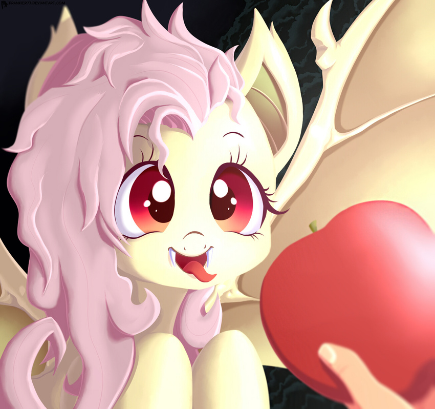 bat_pony cute equine eyelashes fangs female feral flutterbat_(mlp) fluttershy_(mlp) frankier77 friendship_is_magic fruit fur hair hooves horse long_hair mammal my_little_pony open_mouth pegasus pink_hair pony red_eyes solo tongue tongue_out wings yellow_fur