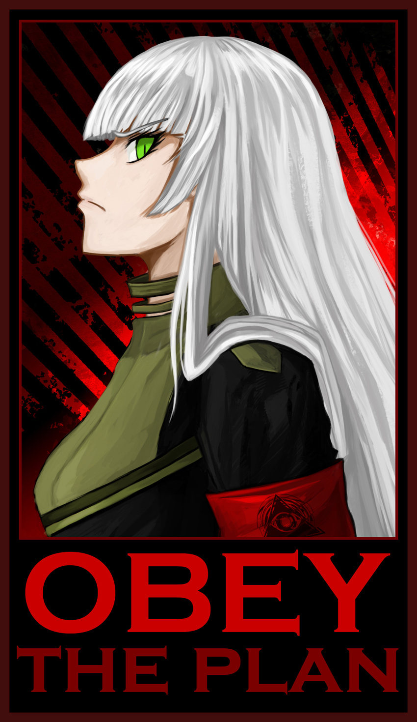 agenda demon evil green_eyes military mirage_noir nazi noire_(mirage_noir) profile propaganda uniform white_hair