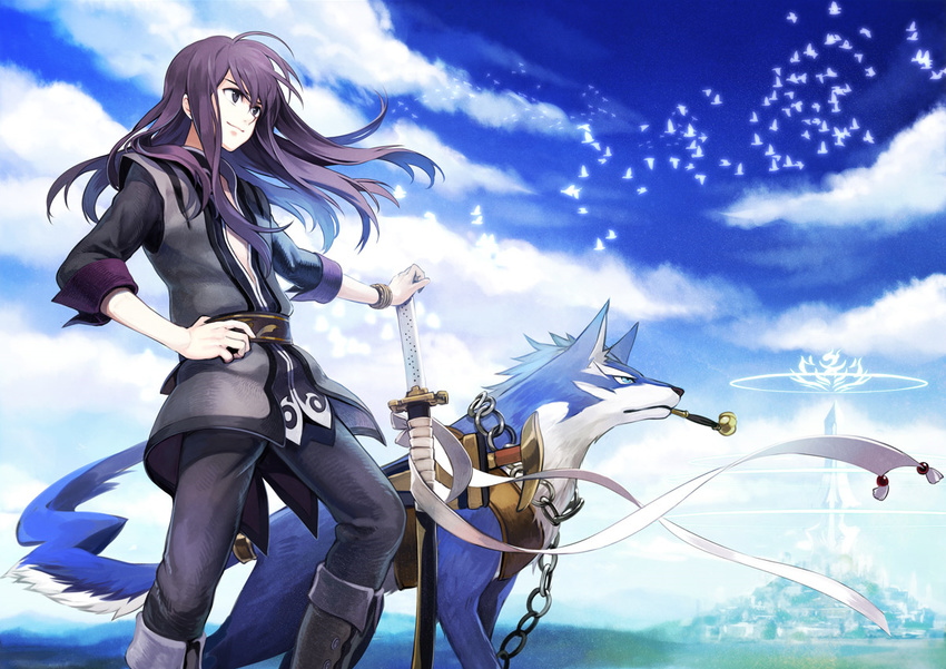 animal bird black_eyes clouds dog long_hair male osamu_(jagabata) purple_hair repede sky sword tales_of_vesperia weapon yuri_lowell