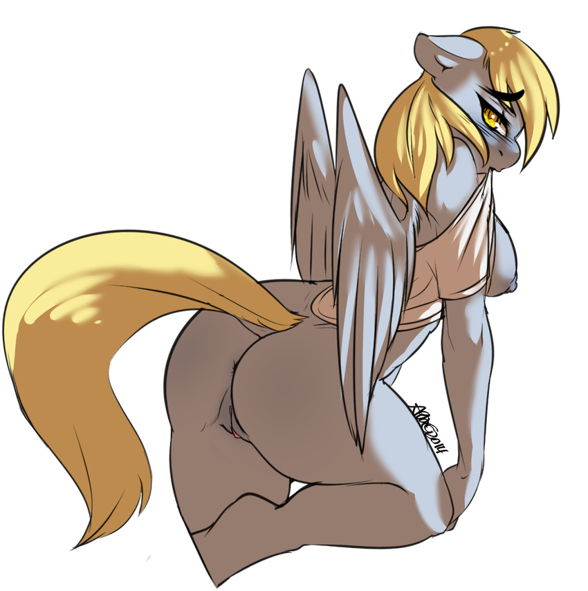 anthro anthrofied anus avante92 blonde_hair blush breasts butt clothing derpy_hooves_(mlp) equine female friendship_is_magic fur grey_fur hair horse looking_at_viewer mammal my_little_pony nipples pegasus plain_background pony pussy shirt solo undressing white_background wings yellow_eyes