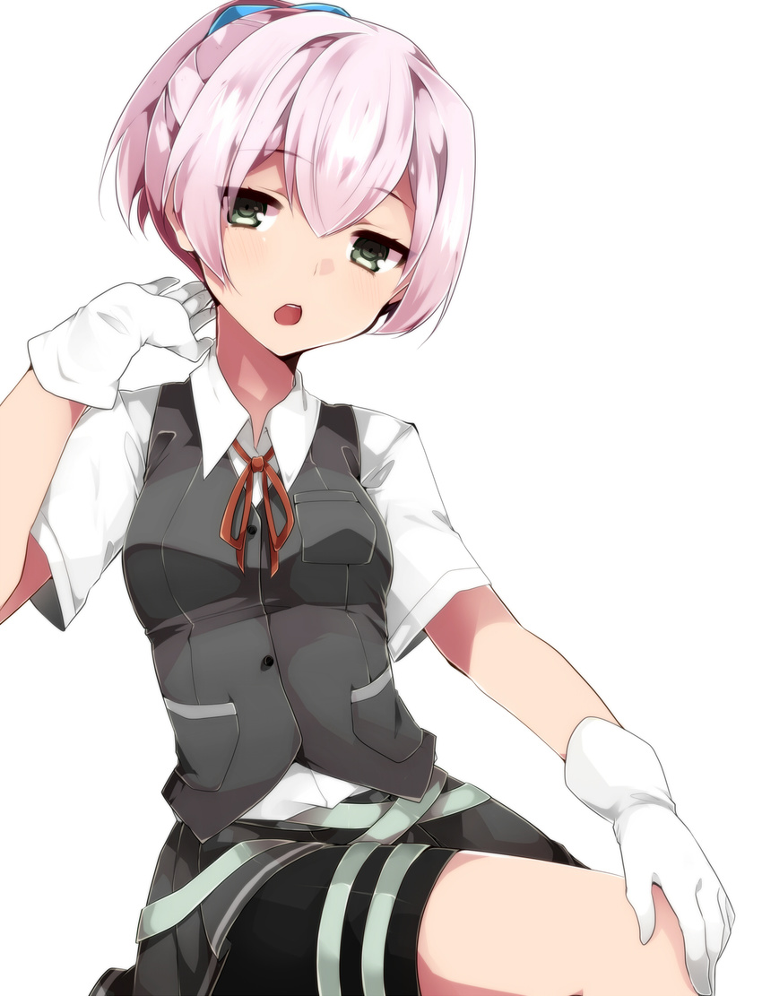 bike_shorts collared_shirt gloves green_eyes hair_ornament highres kantai_collection looking_at_viewer neck_ribbon open_mouth pink_hair ponytail red_neckwear red_ribbon ribbon school_uniform shiranui_(kantai_collection) shirt short_hair short_sleeves simple_background skirt solo takeshima_(nia) vest white_background white_gloves white_shirt