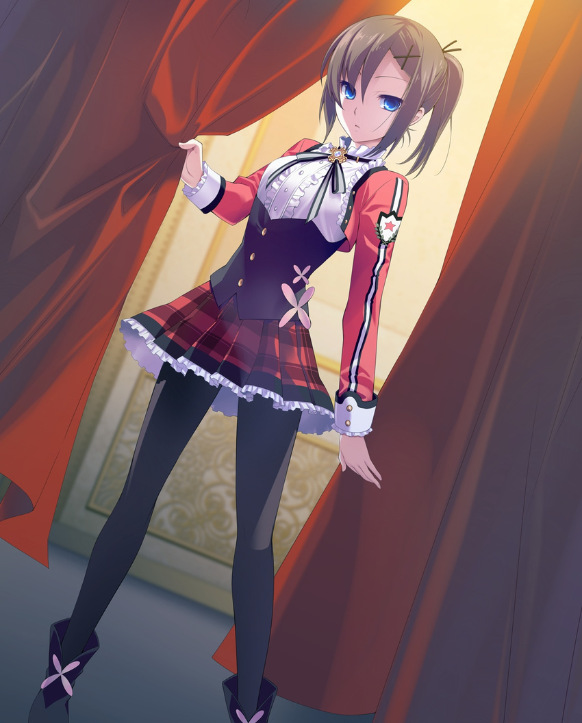 1girl blue_eyes boots breasts brown_hair curtains game_cg hair_ornament hairclip highres kimi_to_boku_to_no_kishi_no_hibi:_rakuen_no_chevalier legs looking_at_viewer pantyhose piriri ponytail school_uniform serious short_hair skirt small_breasts solo standing thighs