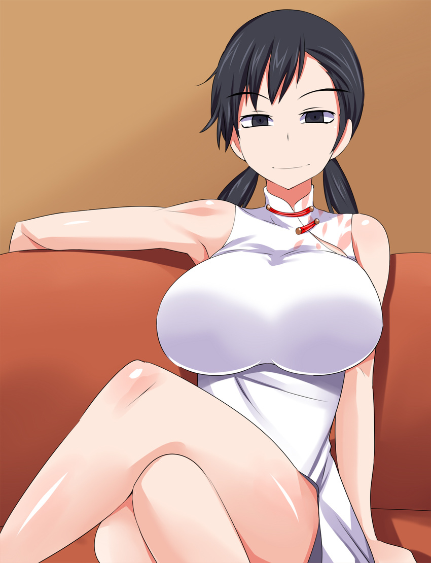 1girl bare_shoulders black_eyes black_hair breasts china_dress chinese_clothes couch devil_survivor_2 dress highres huge_breasts kanno_fumi legs legs_crossed long_hair megami_ibunroku_devil_survivor ourakutei simple_background sitting smile sofa solo thighs twintails