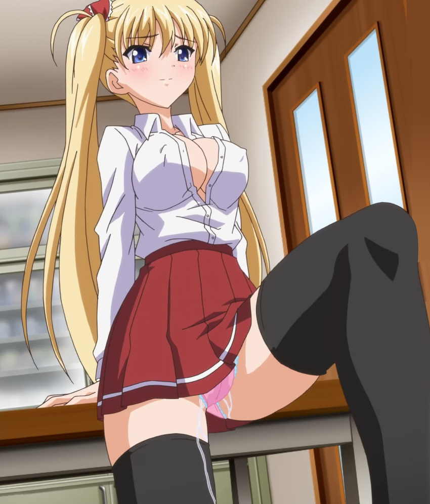 1girl airi_akizuki arm_support black_legwear blonde_hair blue_eyes blush breasts chair covered_nipples crotch_shot door dutch_angle erect_nipples hd highres indoors large_breasts leaking long_hair miniskirt no_bra one_leg_up oni_chichi panties pantyshot pink_panties pleated_skirt pussy_juice red_skirt school_uniform shirt skirt solo table thighhighs twintails unbuttoned_shirt underwear very_long_hair wet_panties wet_spot white_shirt zettai_ryouiki