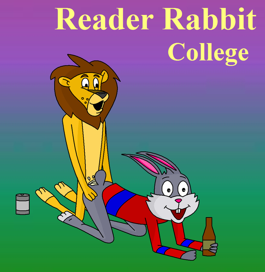 anal bottle can clothing cum feline gay lagomorph lion male rabbit reader_rabbit sam_the_lion text unknown_artist