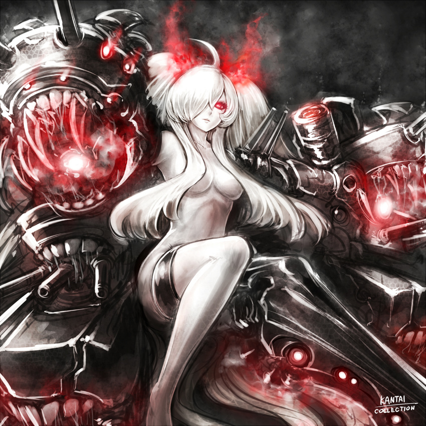 breasts fangs glowing hair_censor hair_over_one_eye highres kantai_collection long_hair medium_breasts misawa_kei monster_girl pale_skin red_eyes shinkaisei-kan solo southern_ocean_war_hime topless twintails
