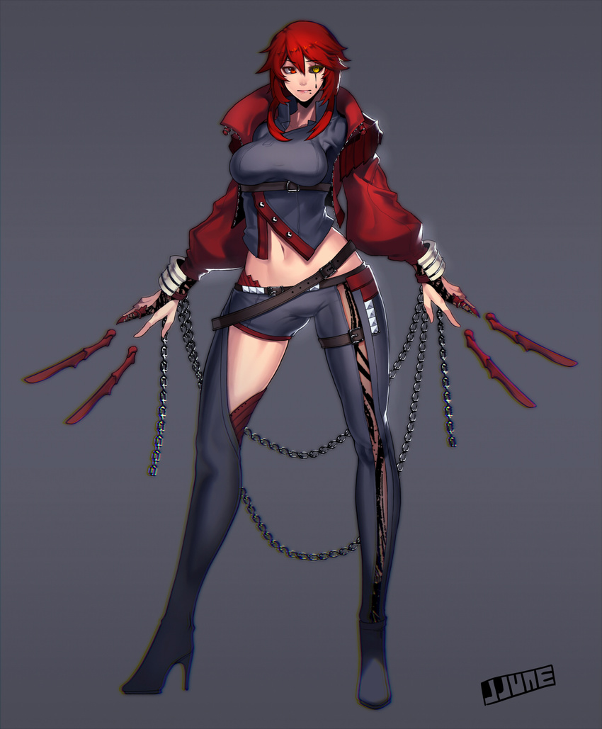 asymmetrical_clothes bad_id bad_pixiv_id belt black_sclera boots breasts bridal_gauntlets chain eartha_(jjune) grey_background heterochromia high_heels highres jacket jjune knife large_breasts midriff mole mole_under_mouth navel original red_eyes red_hair red_jacket short_hair solo thigh_boots thighhighs