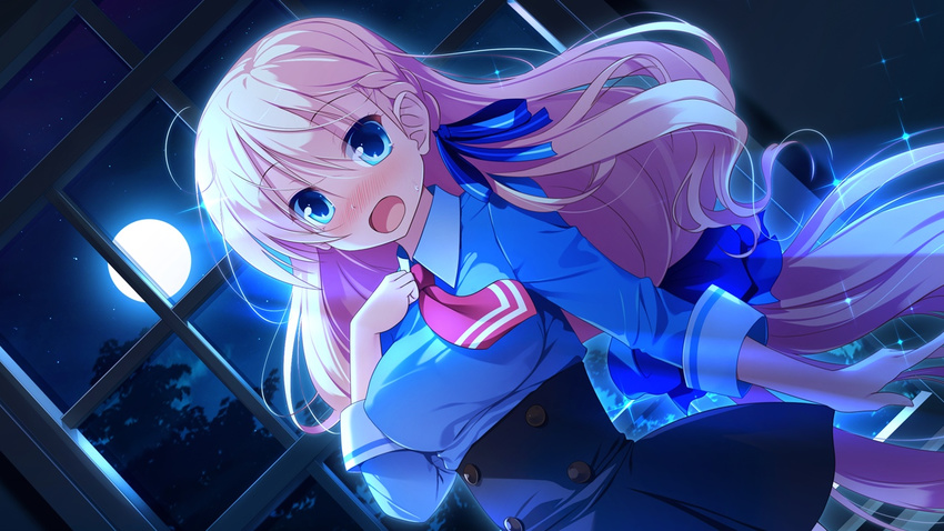 1girl blonde_hair blue_eyes blush braid breasts game_cg hair_ribbon highres kimi_to_boku_to_no_kishi_no_hibi:_rakuen_no_chevalier large_breasts long_hair looking_at_viewer moon moonlight necktie night open_mouth piriri ribbon sky solo standing star stars sweatdrop window