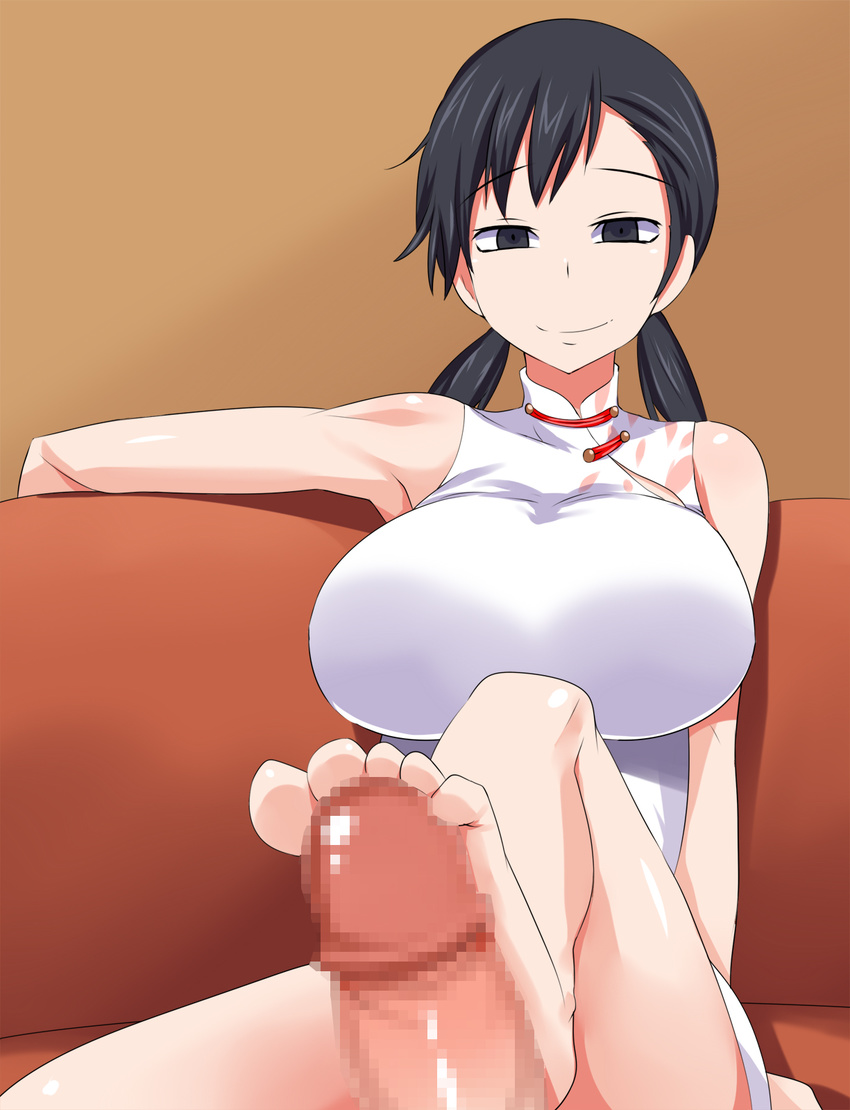 1girl bare_shoulders barefoot black_eyes black_hair breasts censored china_dress chinese_clothes couch devil_survivor_2 dress feet footjob highres huge_breasts kanno_fumi legs long_hair megami_ibunroku_devil_survivor ourakutei penis simple_background sitting smile sofa soles thighs toes twintails