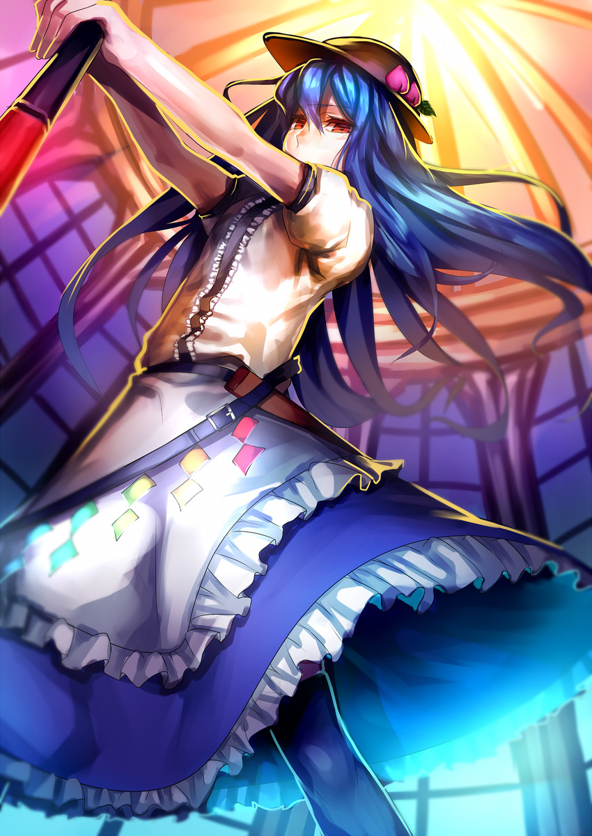 belt blue_hair boots covering_mouth dress food from_below fruit hat highres hinanawi_tenshi long_hair looking_at_viewer peach red_eyes solo sword sword_of_hisou touhou uu_uu_zan weapon
