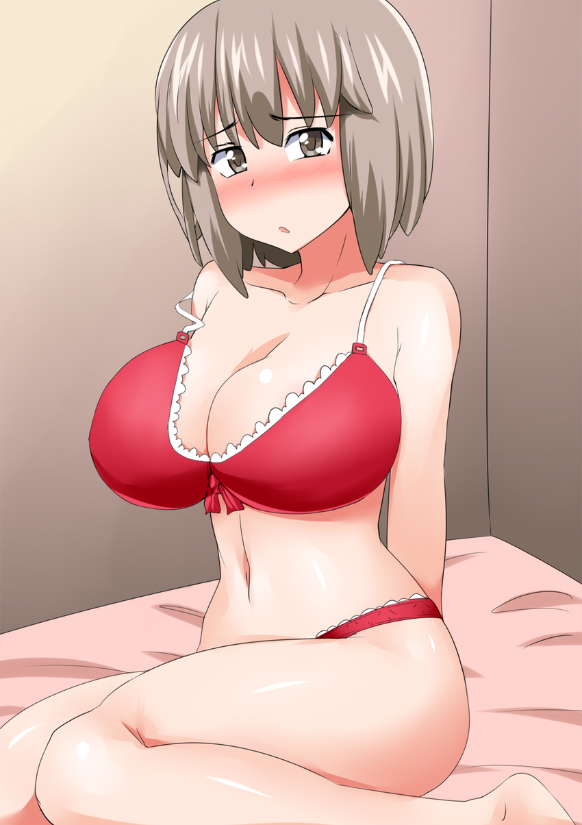 1girl bed blush bra breasts brown_hair cleavage devil_survivor_2 embarrassed highres hips huge_breasts legs looking_at_viewer megami_ibunroku_devil_survivor navel nitta_io ourakutei panties red_bra red_panties short_hair sitting solo thighs underwear