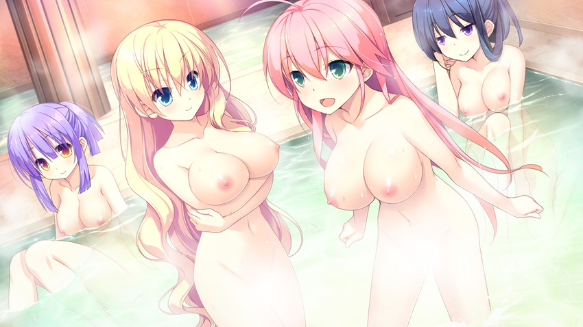 areolae azumaya_ruruka bath blonde_hair blue_eyes blue_hair breast_hold breasts censored convenient_censoring game_cg green_eyes happy houjou_touri kimi_to_boku_to_no_kishi_no_hibi:_rakuen_no_chevalier large_breasts legs long_hair looking_at_viewer looking_away minamihori_asuna multiple_girls navel nipples nude onsen open_mouth orange_eyes ozawa_akifumi pink_hair purple_eyes purple_hair saionji_kei sitting smile standing steam sweat thighs water