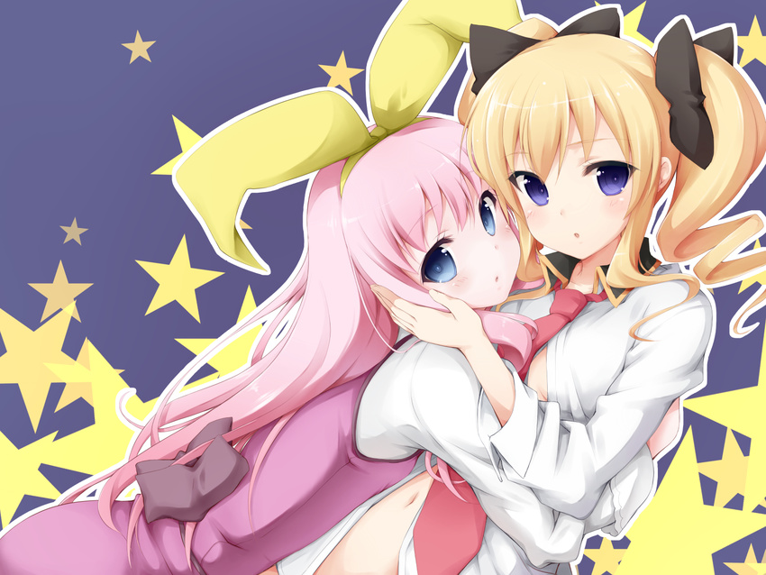 akechi_kokoro alternate_hairstyle blonde_hair blue_background blue_eyes blush bow drill_hair hair_bow hair_down hand_on_another's_face highres hug long_hair long_sleeves midriff multiple_girls navel necktie open_clothes open_shirt pink_hair purple_eyes sherlock_shellingford shirt star tantei_opera_milky_holmes twintails zyaan
