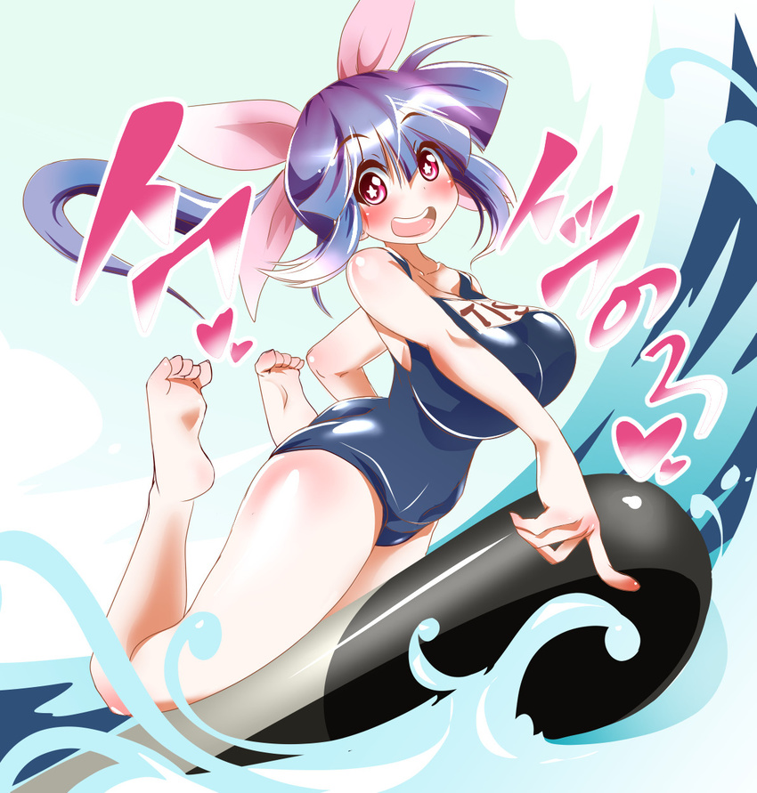 :d barefoot blue_hair blush breasts heart highres huge_breasts i-19_(kantai_collection) kantai_collection long_hair nekorin one-piece_swimsuit open_mouth red_eyes school_swimsuit smile solo star star-shaped_pupils swimsuit symbol-shaped_pupils torpedo translation_request twintails