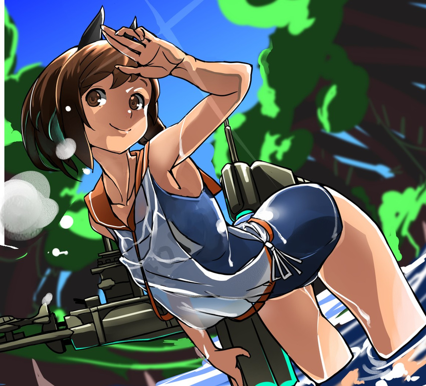 bare_shoulders brown_eyes brown_hair i-401_(kantai_collection) kantai_collection one-piece_swimsuit ponytail school_swimsuit school_uniform short_hair short_ponytail smile solo swimsuit swimsuit_under_clothes tagaya6592 wading water