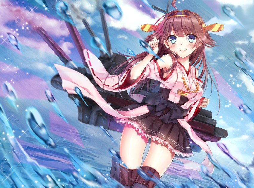 absurdres ahoge bare_shoulders blue_eyes boots breasts brown_hair detached_sleeves double_bun hair_ornament hairband headgear highres japanese_clothes kantai_collection kongou_(kantai_collection) long_hair medium_breasts nontraditional_miko ribbon-trimmed_sleeves ribbon_trim smile solo thigh_boots thighhighs umeko_(koori_ume) water
