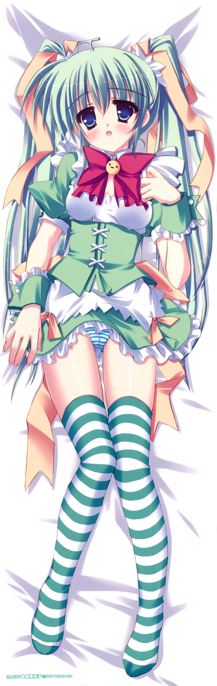 absurdres bed bed_sheet blue_eyes blush breasts dakimakura dress dress_lift from_above full_body green_hair green_legwear green_panties highres hinamatsuri_touko legs looking_at_viewer lying melon-chan melonbooks no_shoes on_back on_bed on_stomach panties small_breasts striped striped_legwear striped_panties thighhighs twintails underwear white_legwear white_panties wrist_cuffs