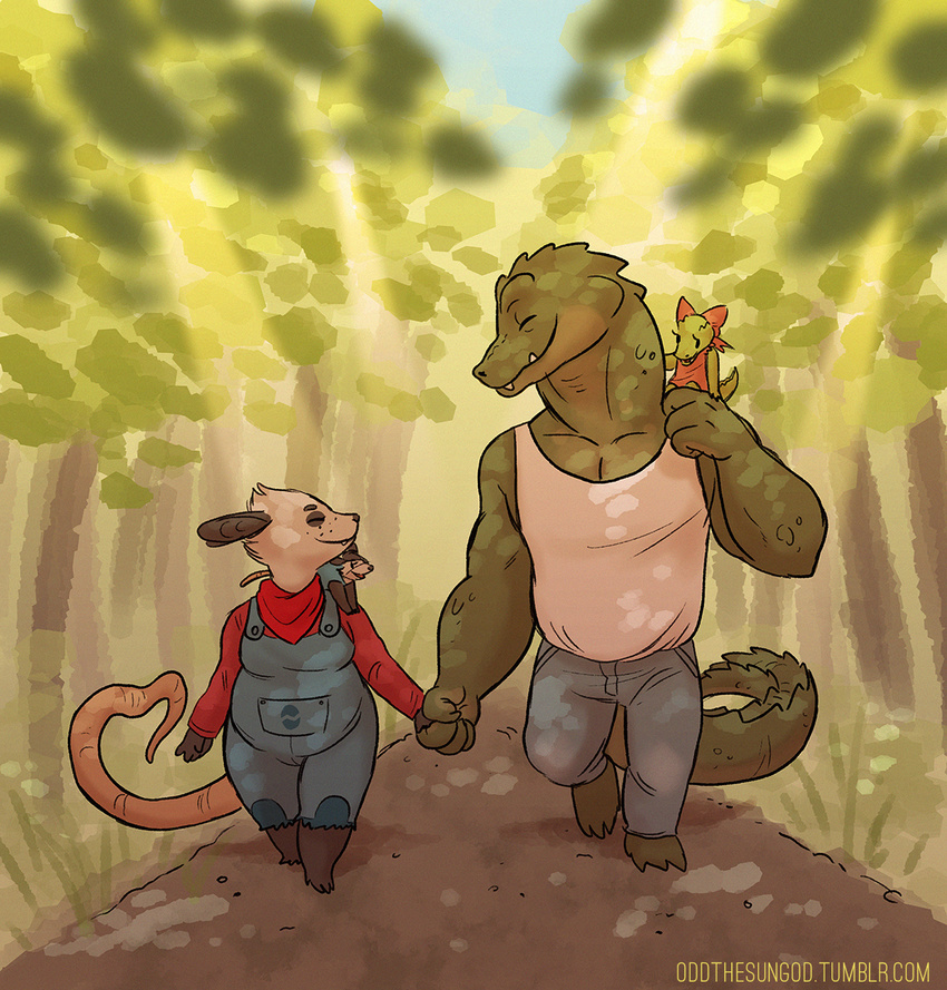 bandanna child clothing duo father female forest hand_holding lily_opossum male mammal marsupial mother opossum overalls parent poppy_o_possum poppy_opossum poppy_opossum_(character) reptile scalie tree young