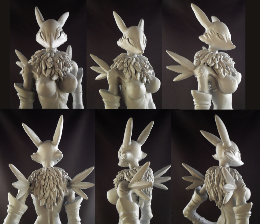 3d breasts canine chest_tuft claws digimon elbow_gloves female figurine fox fur gloves mammal monochrome multiple_views nude renamon rolt sculpture solo standing tuft