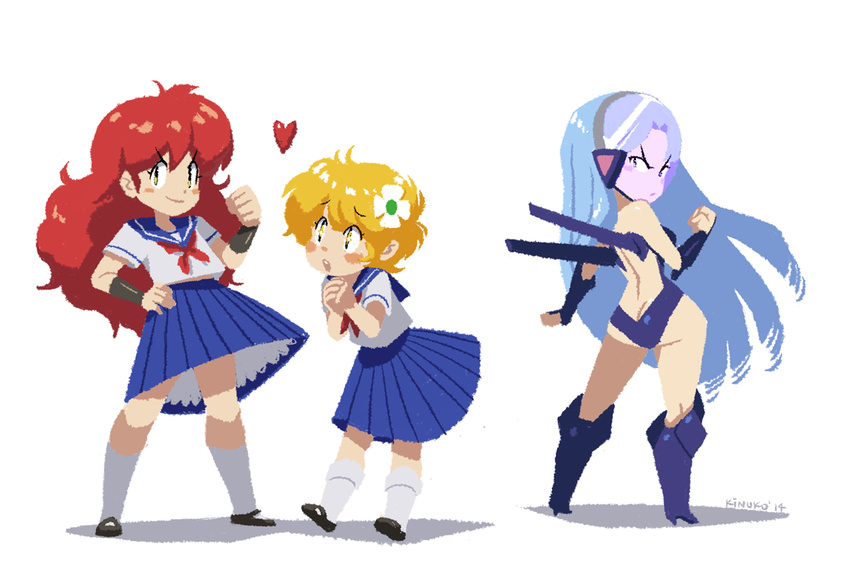 3girls blonde_hair bracer clenched_hand daitokuji_biko kotobuki_shiiko long_hair magami_eiko mariel_cartwright multiple_girls pixel_art project_a-ko red_hair school_uniform serafuku skirt