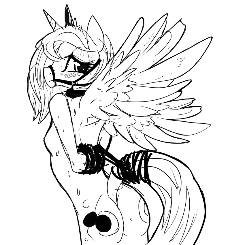 anthro anthrofied arms_behind_back bdsm black_and_white blush bondage bound breasts bridle butt crown cutie_mark equine female friendship_is_magic hair horn horse mammal mirapony monochrome my_little_pony nipples nude plain_background pony princess_luna_(mlp) raised_tail rope side_boob solo standing sweat white_background winged_unicorn wings