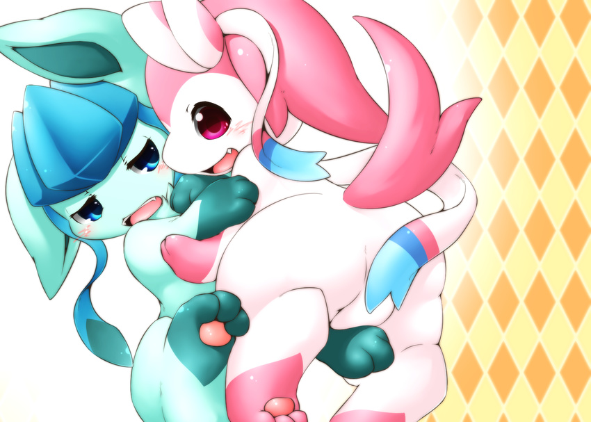 ambiguous_gender blue_eyes blue_fur blush bow butt canine duo eeveelution fur glaceon hair_bow half-closed_eyes hug looking_at_viewer looking_back mammal nintendo open_mouth pawpads paws pink_eyes pink_fur pok&#233;mon pok&eacute;mon sylveon teeth tomcat_in_sky tongue video_games white_fur