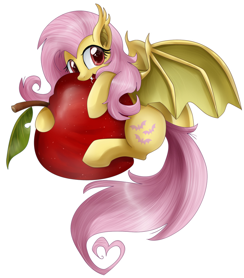 absurd_res alpha_channel apple bat_pony bat_wings bite cute cutie_mark equine eyelashes fangs female feral flutterbat_(mlp) fluttershy_(mlp) friendship_is_magic fruit fur hair hi_res holding horse leaf long_hair long_tail looking_at_viewer mammal mane my_little_pony pegasus pink_hair plain_background pridark red_eyes shaded solo spread_wings teeth toony transparent_background wings yellow_fur