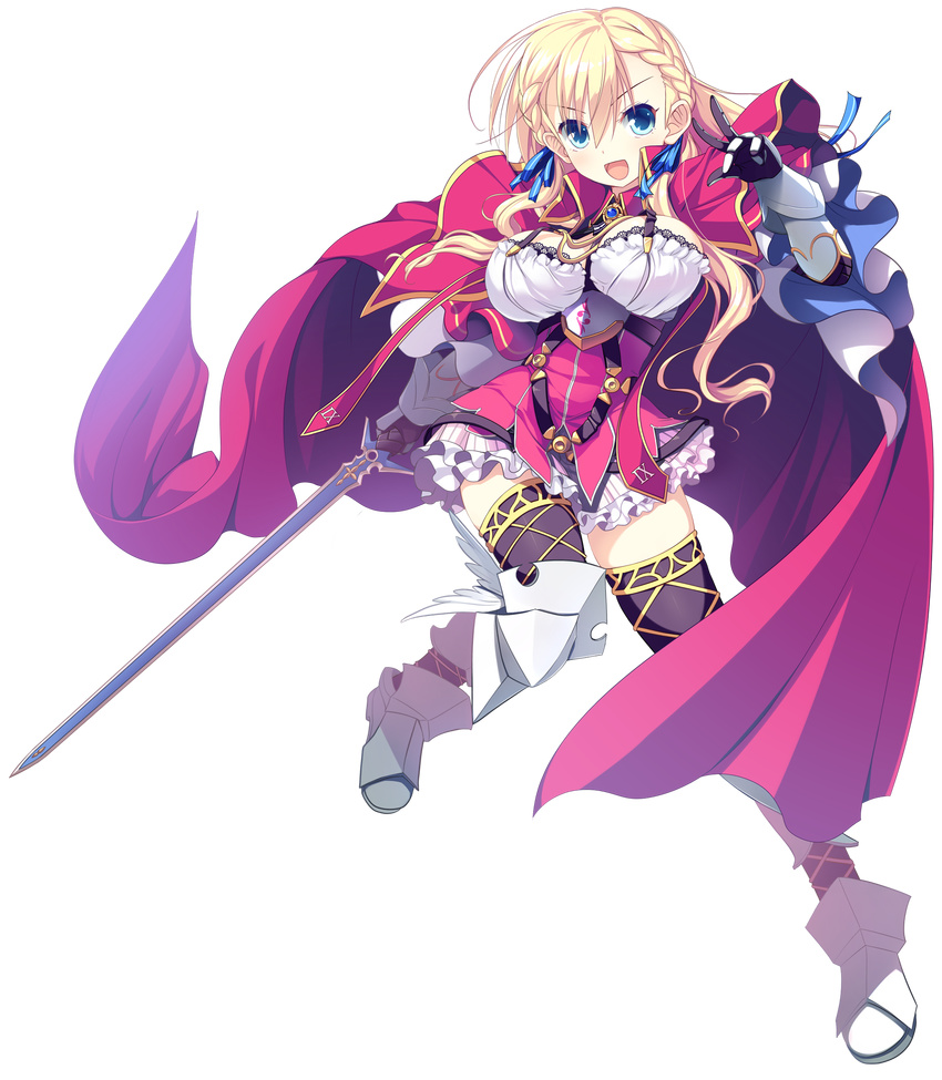 akifumi_orizawa armor armored_boots blonde_hair blue_eyes boots braid breasts cape cleavage french_braid full_body greaves highres holding holding_sword holding_weapon large_breasts long_hair looking_at_viewer open_mouth skirt solo sword thighhighs transparent_background weapon